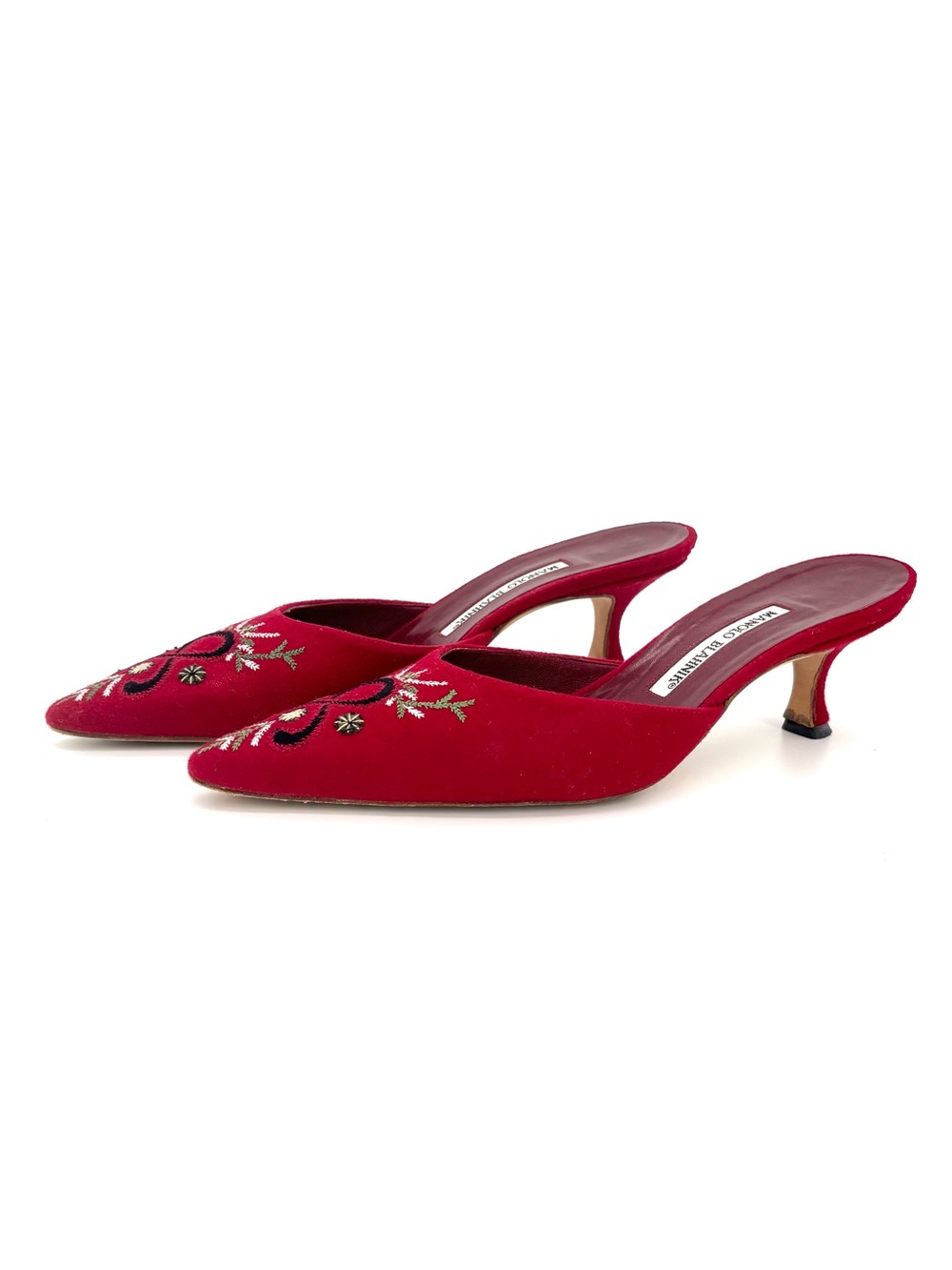 Vintage Manolo Blahnik Embroidered Pointed Toe Kitten Heel Mules Pumps 39 - Picture 1 of 9